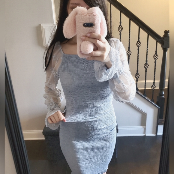 Shein light blue bodycon mesh floral long sleeve spandex dress Small - Picture 3 of 12